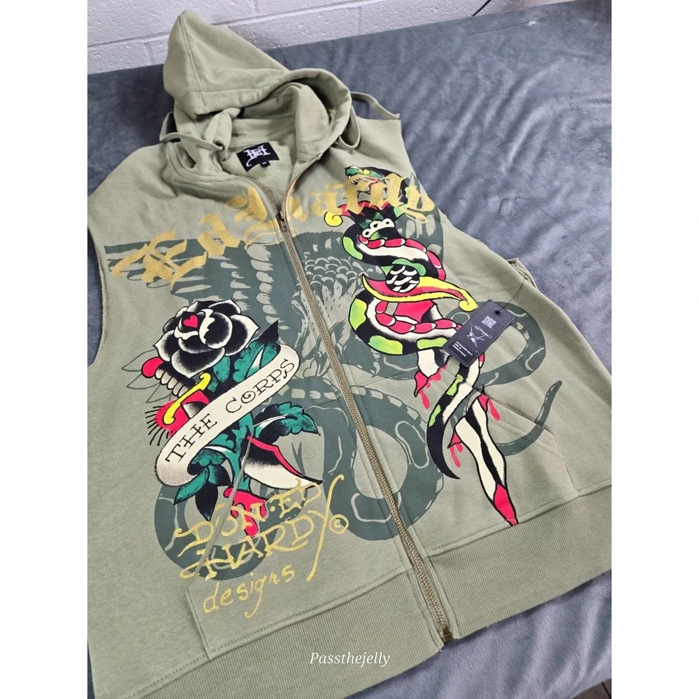 Ed Hardy Jacket Vest Mens Medium Full Zip Sleeveless‎ Dagger Tattoo Snake Hoodie